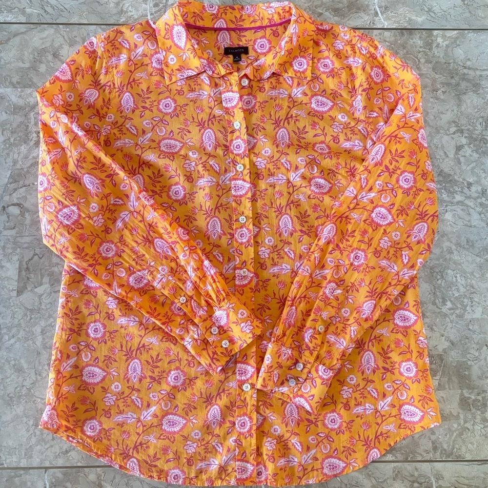 Talbots 100% Cotton Orange Pink Floral Button Down Shirt M Climbing Jacobean - Picture 11 of 11